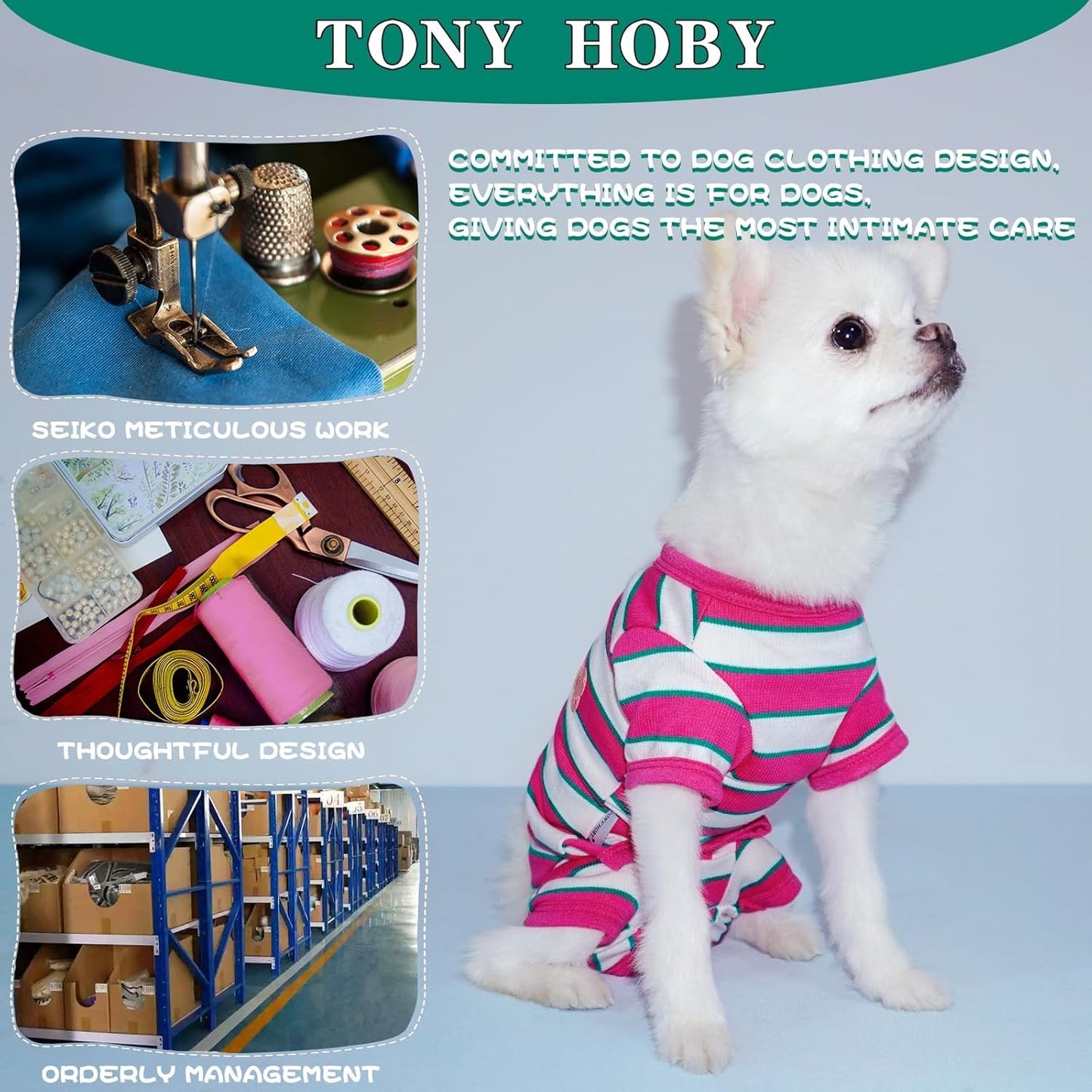 TONY HOBY Male Dog Pajamas, Dog Jumpsuit with Rose Red Stripe, Colorful Dogs Shirt for Small Medium Dogs (Rose Red&White, Boy, L)