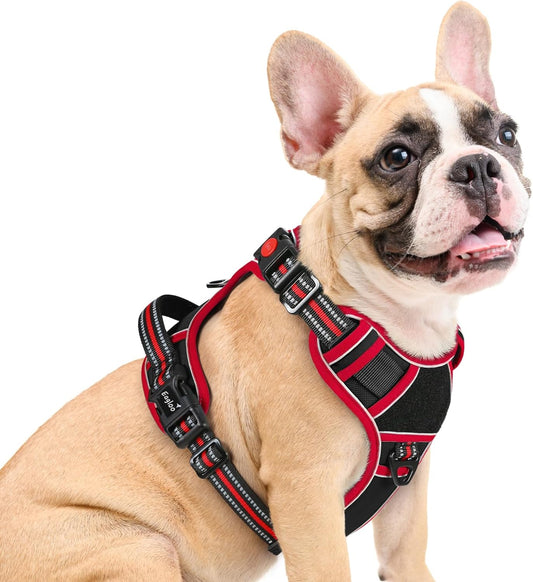 Eagloo Dog Harness Medium Sized, Easy Wearing with 3 Buckles, Adjustable No Pull Pet Harness with 2 Rings for Walking, No Chock Reflective Soft Padded Vest with Control Handle, Black & Red, M