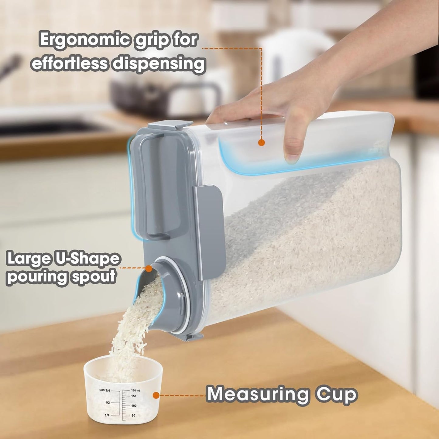 Rice Storage Container 10 Lbs, Airtight Food Dispenser with Large Spout and Cup for Pet Dog Cat Food Storage 7 Lbs