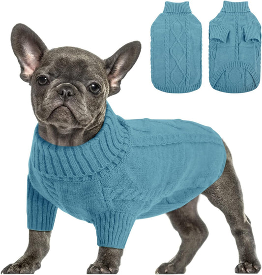 Queenmore Small Dog Pullover Sweater, Cold Weather Cable Knitwear, Classic Turtleneck Thick Warm Clothes for Chihuahua, Bulldog, Dachshund, Pug (Peacock Blue, Large)