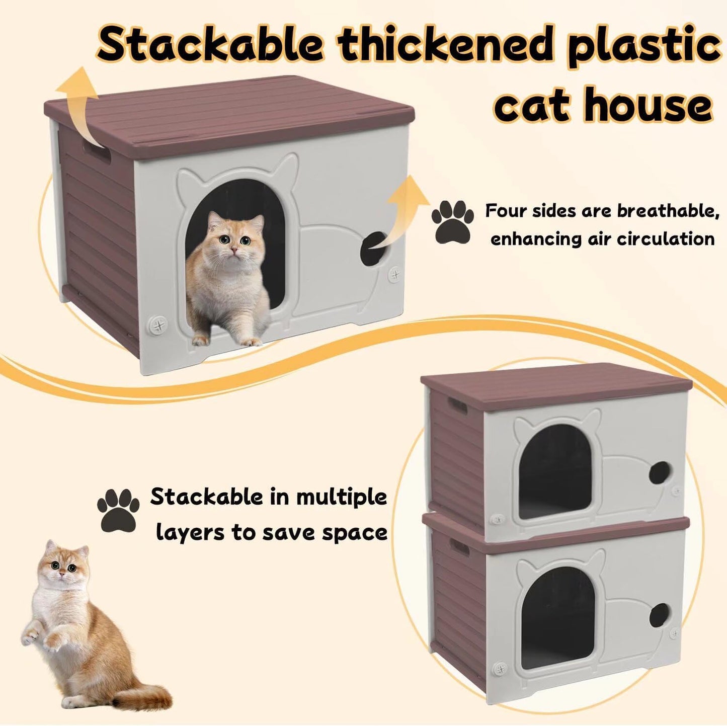 Plastic Outdoor Cat House Waterproof Feral Cat Shelter(Coffee)