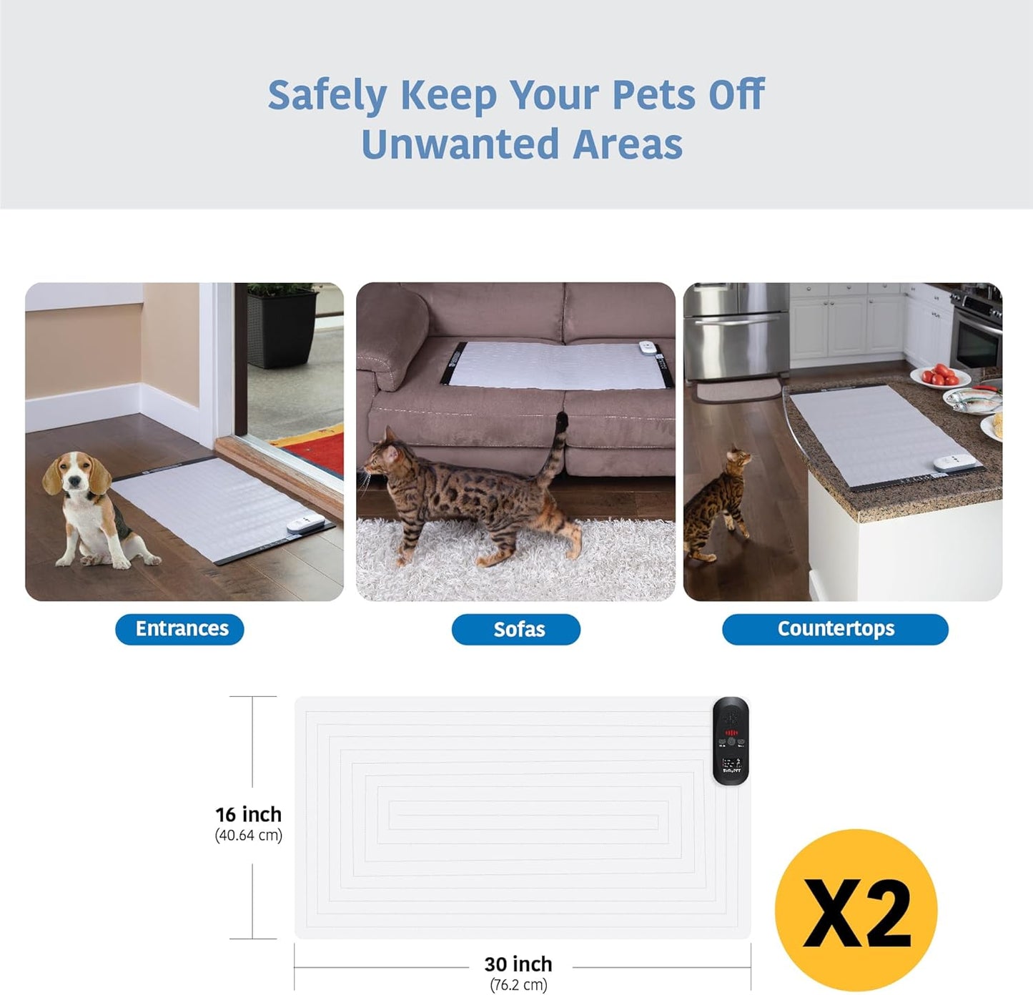 SVD.PET (2-Pack Pet Training Mat with Tester, Pet Shock Pad, Dogs & Cats Electronic Repellent mat for Indoor, 3 Training Modes, 5 Levels, Pet Safe Mode (Black controler 30" X 16")