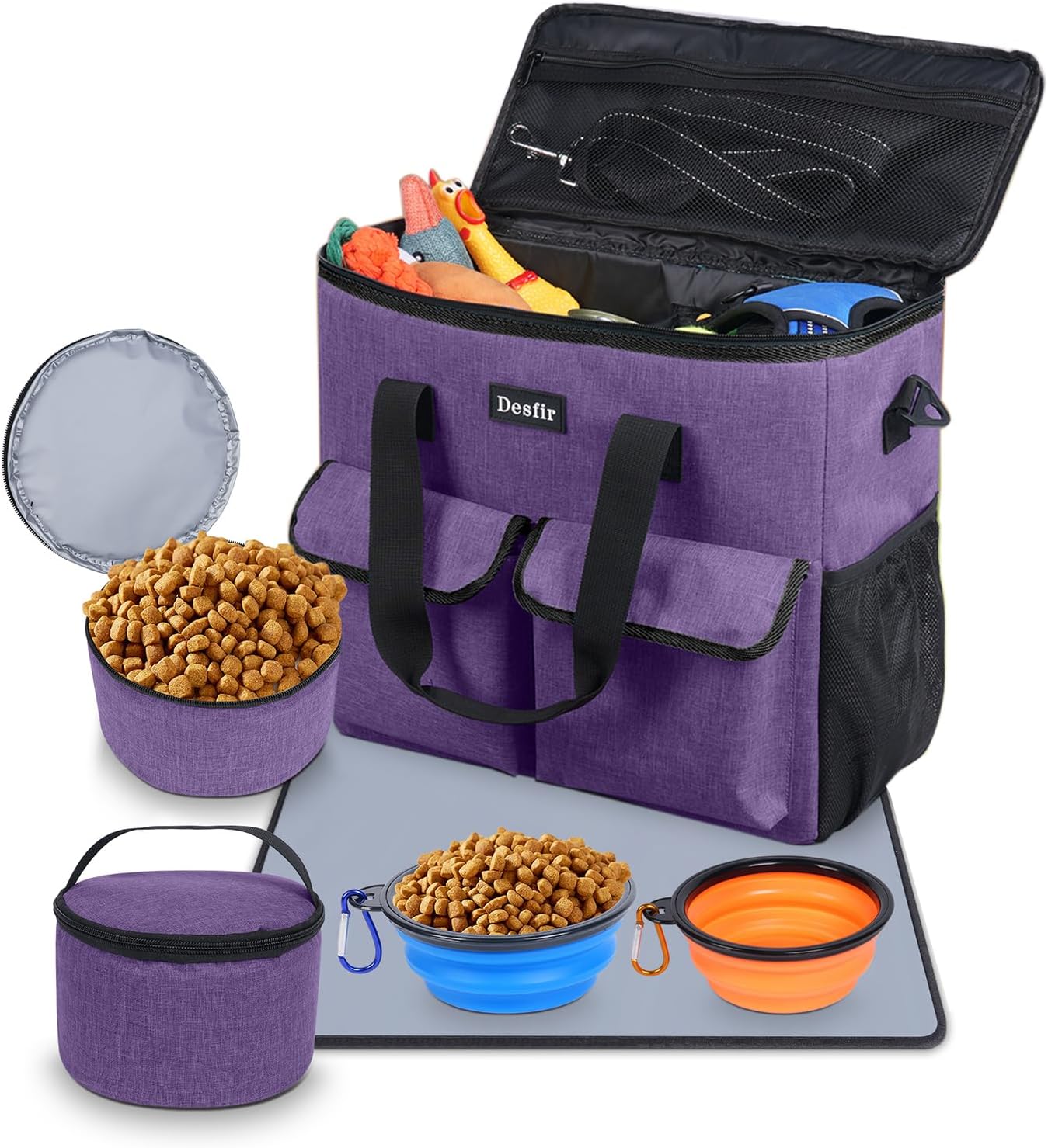 Large Pet Travel Bag Organizer - Dog & Cat Tote with Food Containers, Bowls, Feeding Mat, Perfect for Camping, Hiking (Multi-Pocket Design)