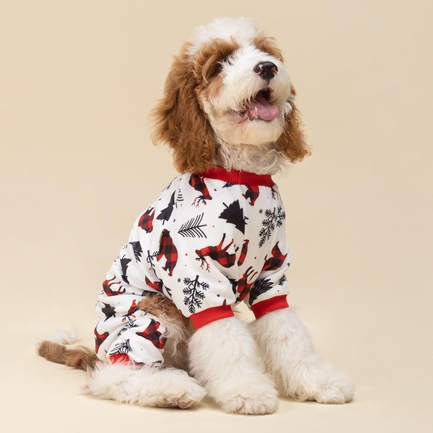 Fitwarm Reindeer Dog Christmas Pajamas, Winter Doggy Clothes for Small Dogs Boy Girl, Fleece Dog Onesie with Feet, Holiday Pet Outfit, Black, White, Red, XXL