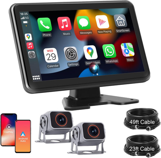 HD1080P Wired Backup Camera System with Apple Carplay & Android Auto,10'' Touch Screen Monitor, 2 Rearview Reverse Cameras, Night Vision, IP68-rated Backup Camera for Trucks, RVs, Trailers