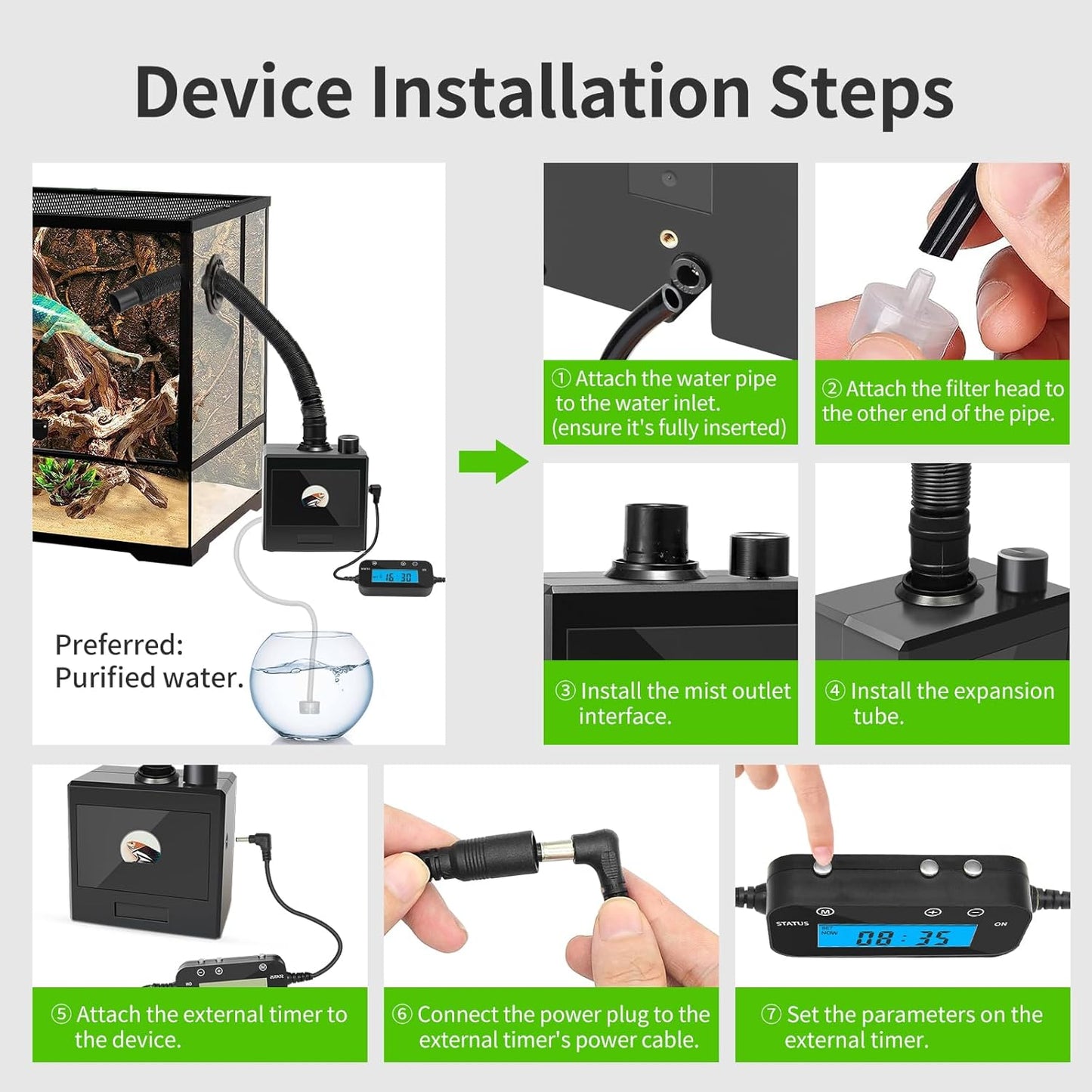 Reptile Fogger Humidifier for Glass Terrariums, Auto-Refill Misting System with Timer, Suitable for Reptiles/Amphibians/Grow Tents
