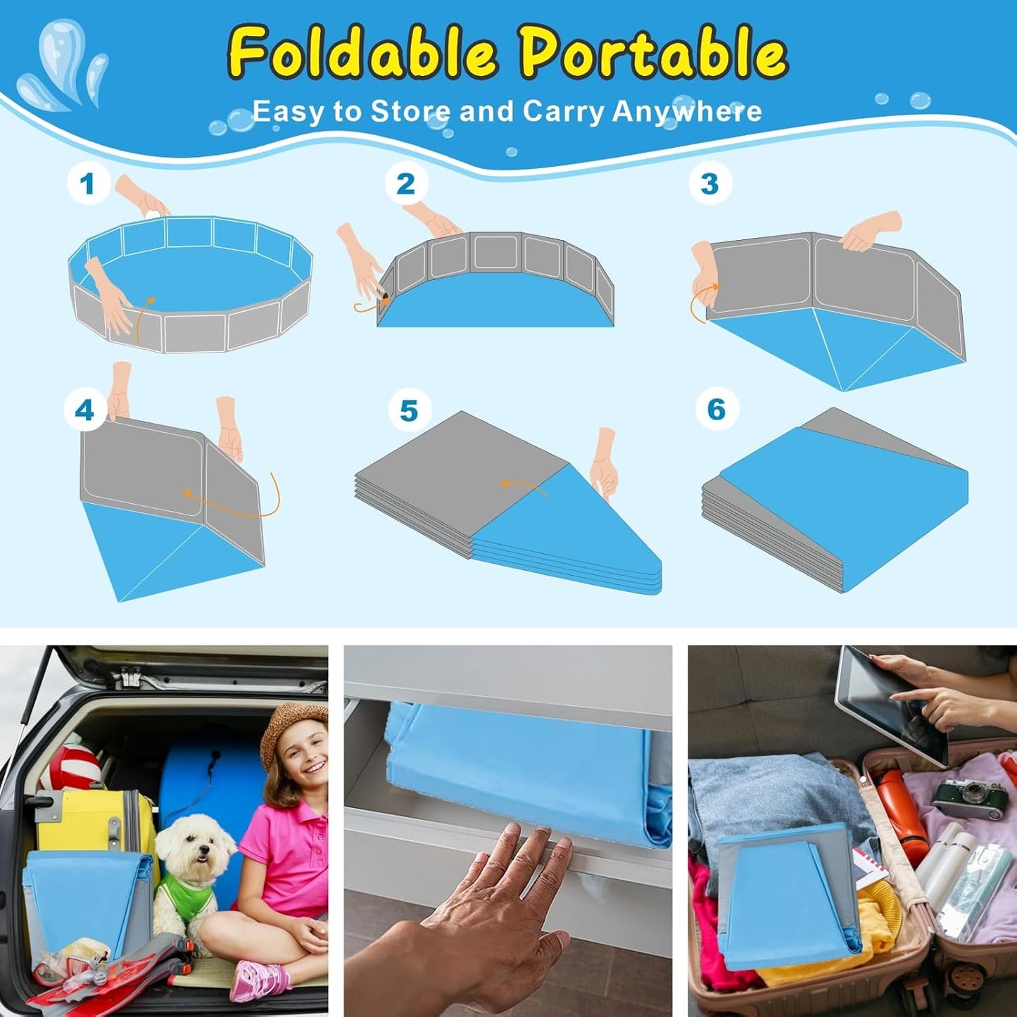 Foldable Dog Pool, 63" Kiddie Pool Hard Plastic, Portable Dog Swimming Pool for Large Dogs, Collapsible Pet Wading Pool & Bath Tub Outdoor Kids Pool Anti-Slip