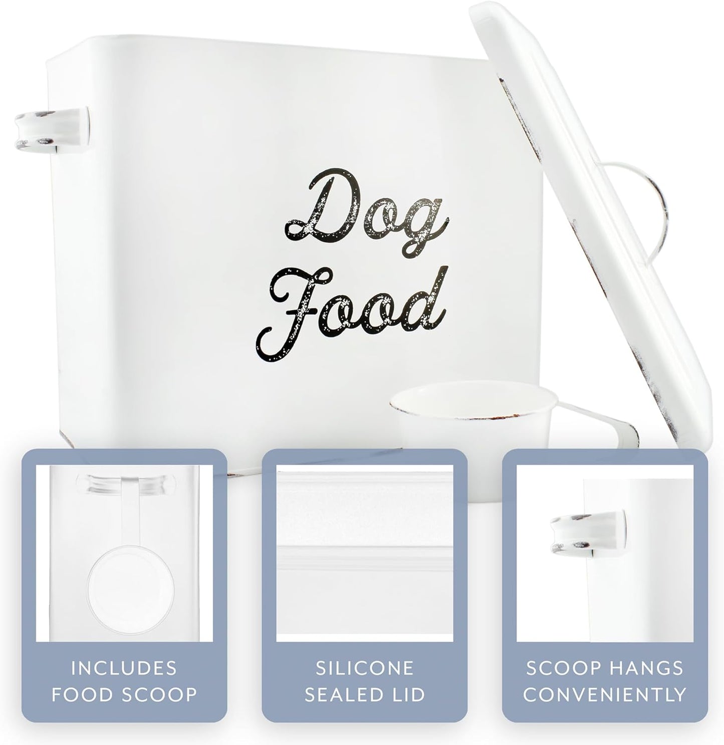 AuldHome Rustic Dog Food Canister; White Farmhouse Style Storage Bin for Small Dogs