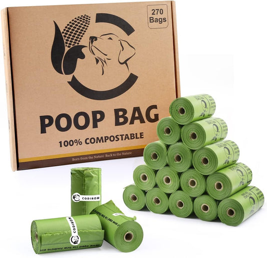 Certified Compostable Dog Poop Bags, 270 Count Landfill Friendly and Leakproof Waste Bags, Easy Open Unscented Forest Green Poop Bag for Dog, 15 Doggy Bags Per Roll (18 rolls)