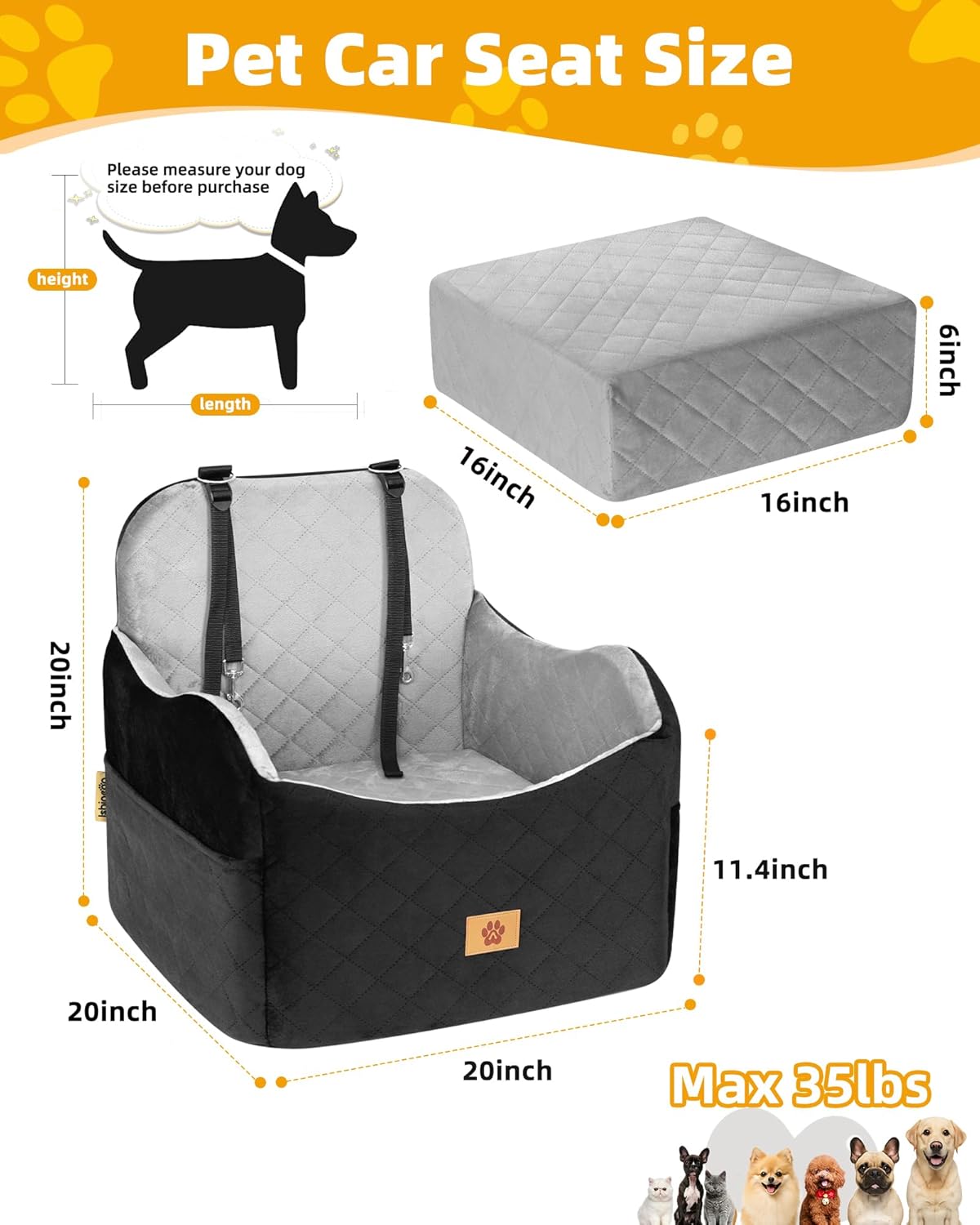 Car Seat Booster for Dog: High-Support Memory Foam Pet Car Seat for Small/Medium Dogs Under 35lbs with Elevated Cushion, Pockets - Detachable Washable Puppy Travel Bed for Driving(Black/Grey)