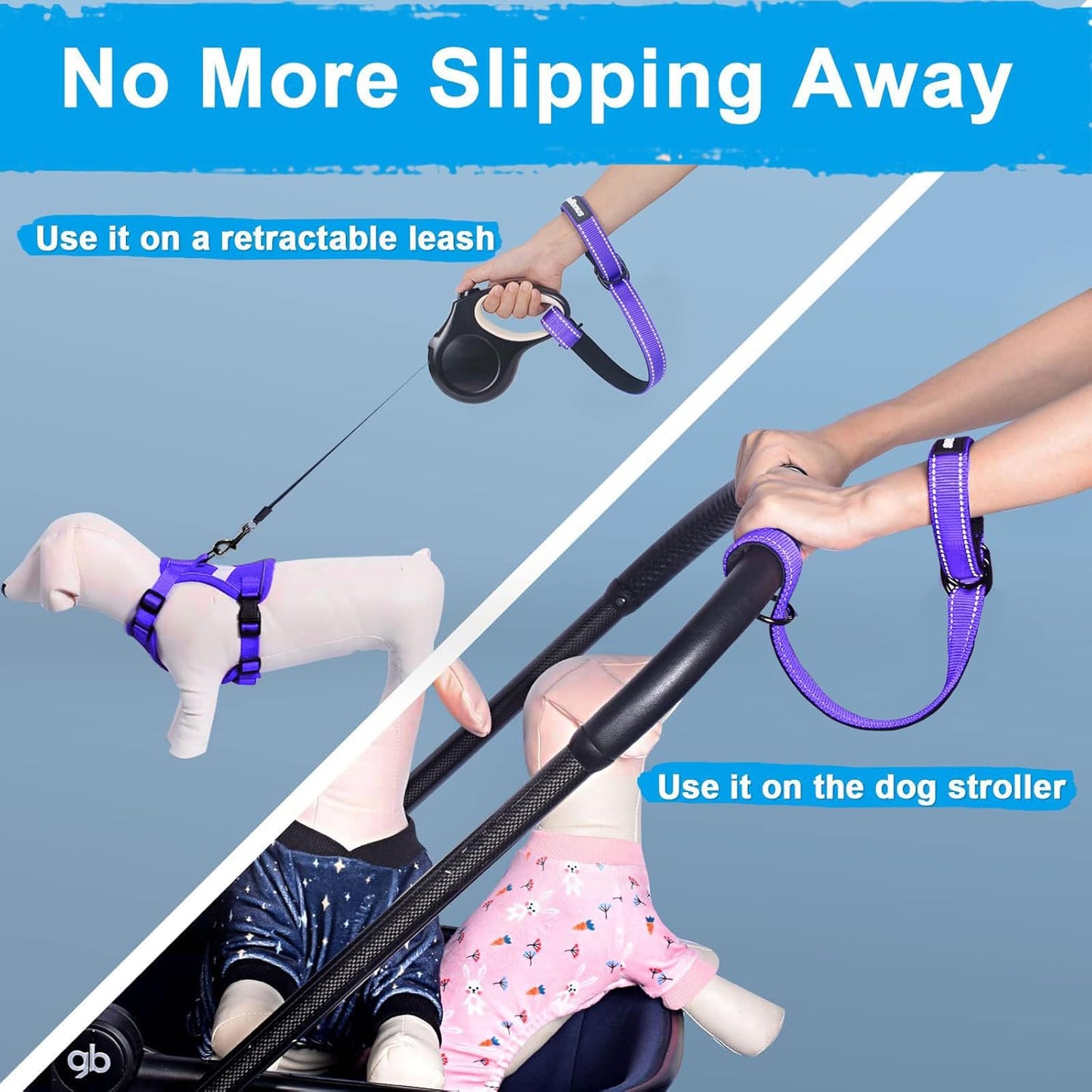 PetBonus Short Dog Leash, Safety Wrist Strap for Retractable Dog Leash, Reflective Design and Adjustable Soft Padded Handle, Extra Layer Security for Pet Stroller (Purple)