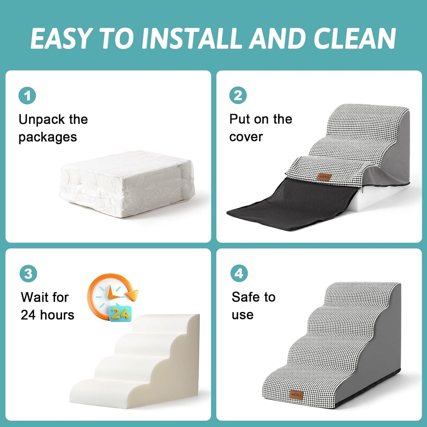 Dog Stairs for Small Dogs 19.7" H, Curved Dog Step for Puppy, Older or Cat, Medium Pet Ramp for Sofa, Couch or Bed, Ladder with High Density Foam, 15.7x28.3x19.7 inch, 4 Step, White Black