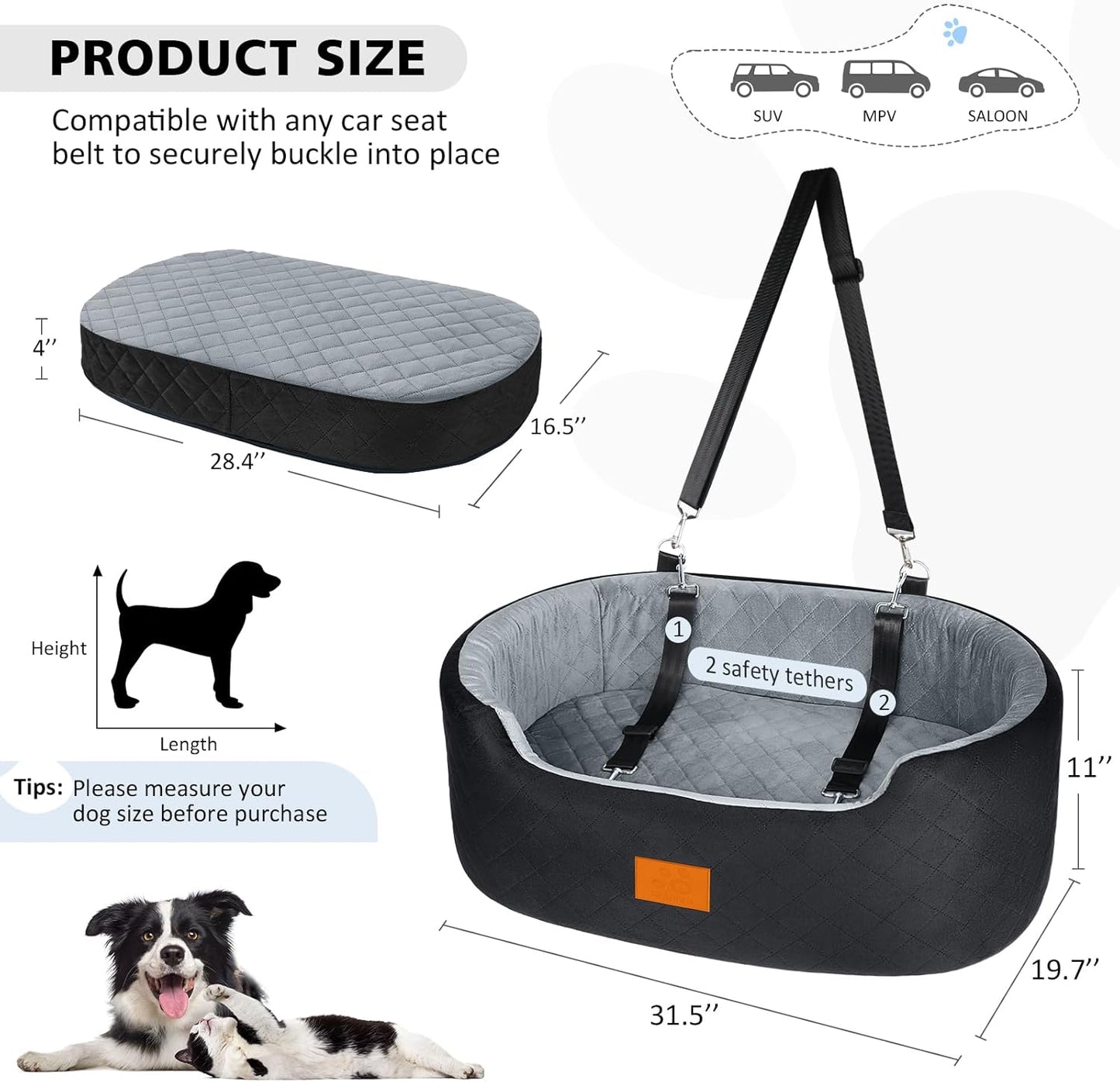 Dog Car Seat for Medium Dogs Up to 50 lbs, Pet Booster Seat for Cars SUVs and Trucks, Travel Dog Bed with Safety Strap, Thick Cushion, Non-Slip Base, Washable and Portable(Black/Gray
