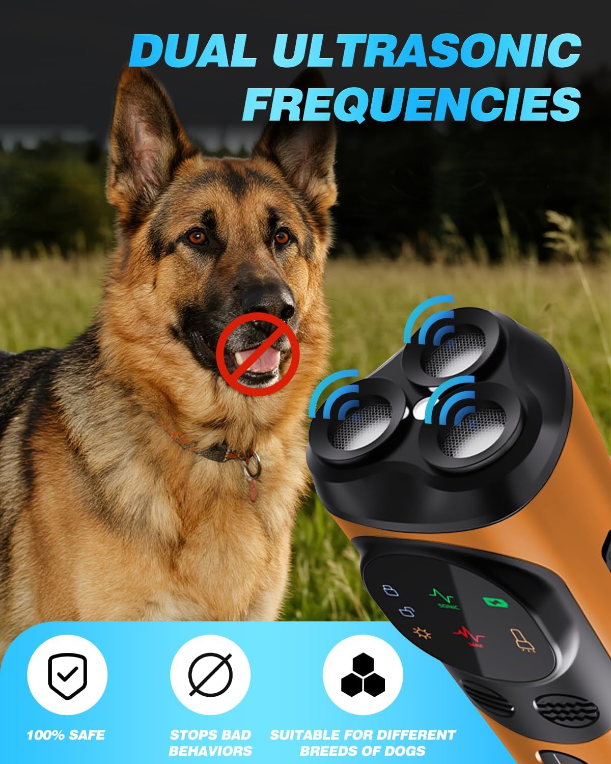 2025 Ultrasonic Dog Bark Deterrent Devices with 3 Emitters & SOS Flashlight, Humane Anti-Bark Trainer, 50FT Range, 90-Day Battery, Multi-Mode Rechargeable Dog Deterrent for Indoor & Outdoor Use