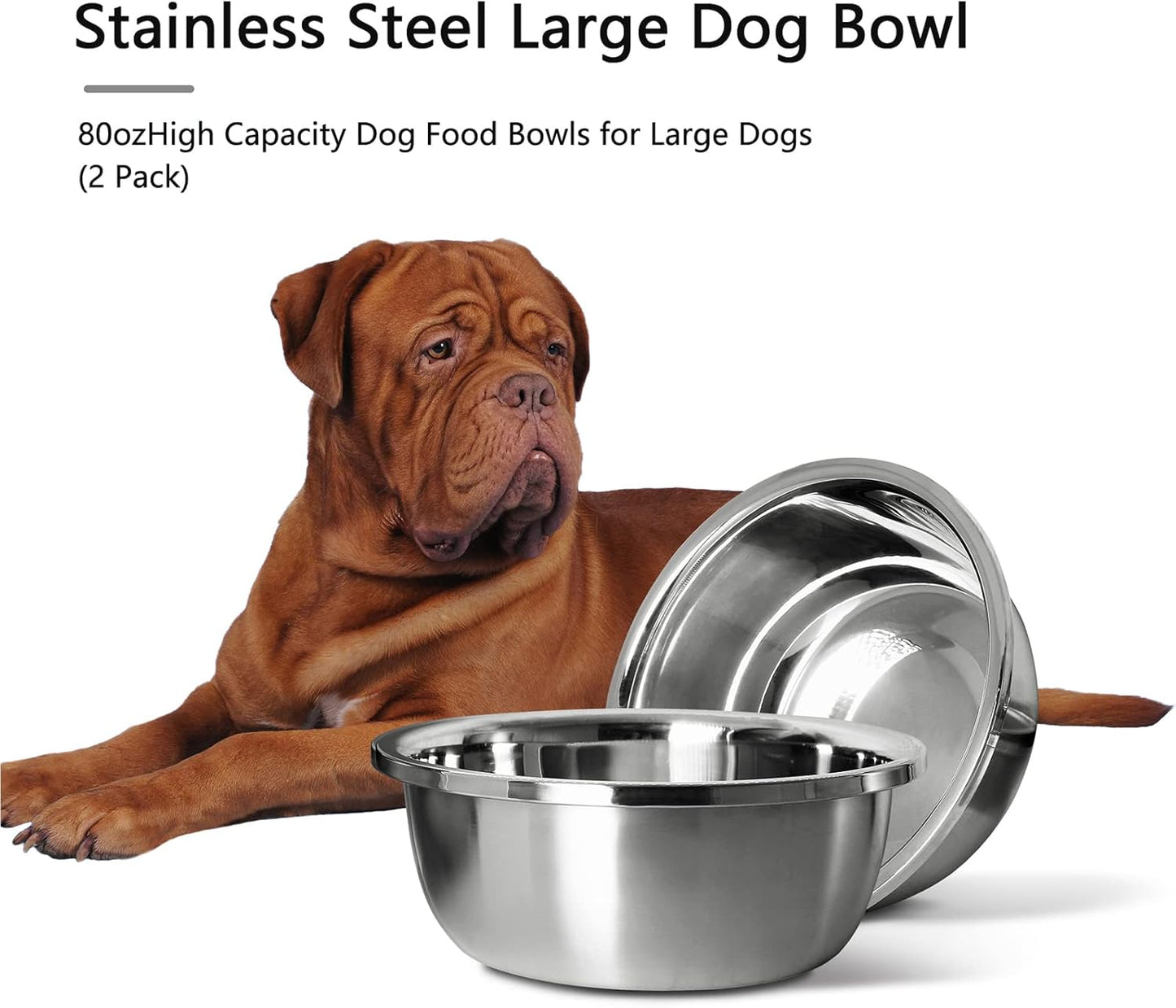 Stainless Steel Large Dog Food Bowl, 66 oz (10cup) Large Capacity Dog Water Bowl, Heavy Duty, BPA Free for Medium Dogs (2 pcs)