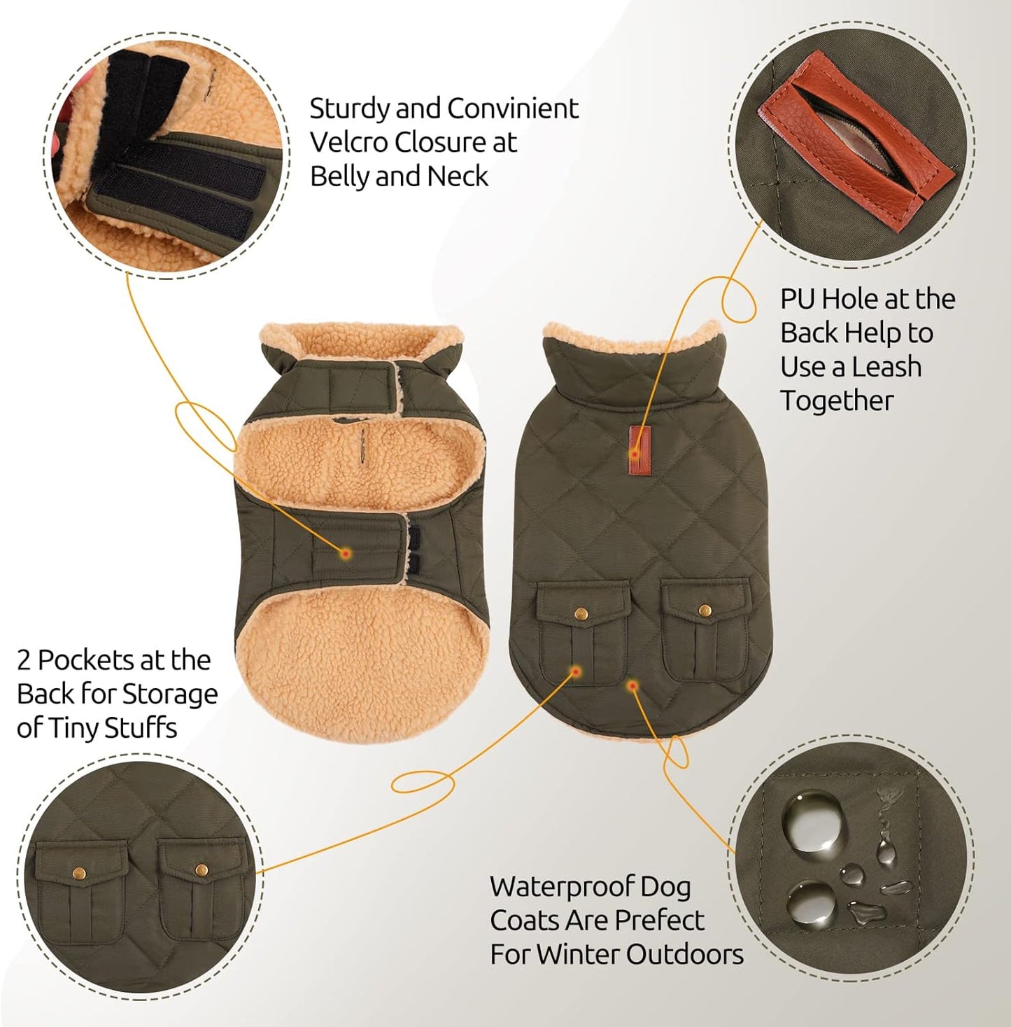 Queenmore Warm Dog Coat, Cold Weather Puffer Dog Jacket with Ultra Thick Plush Lining, Storage Pockets (Green, Large)