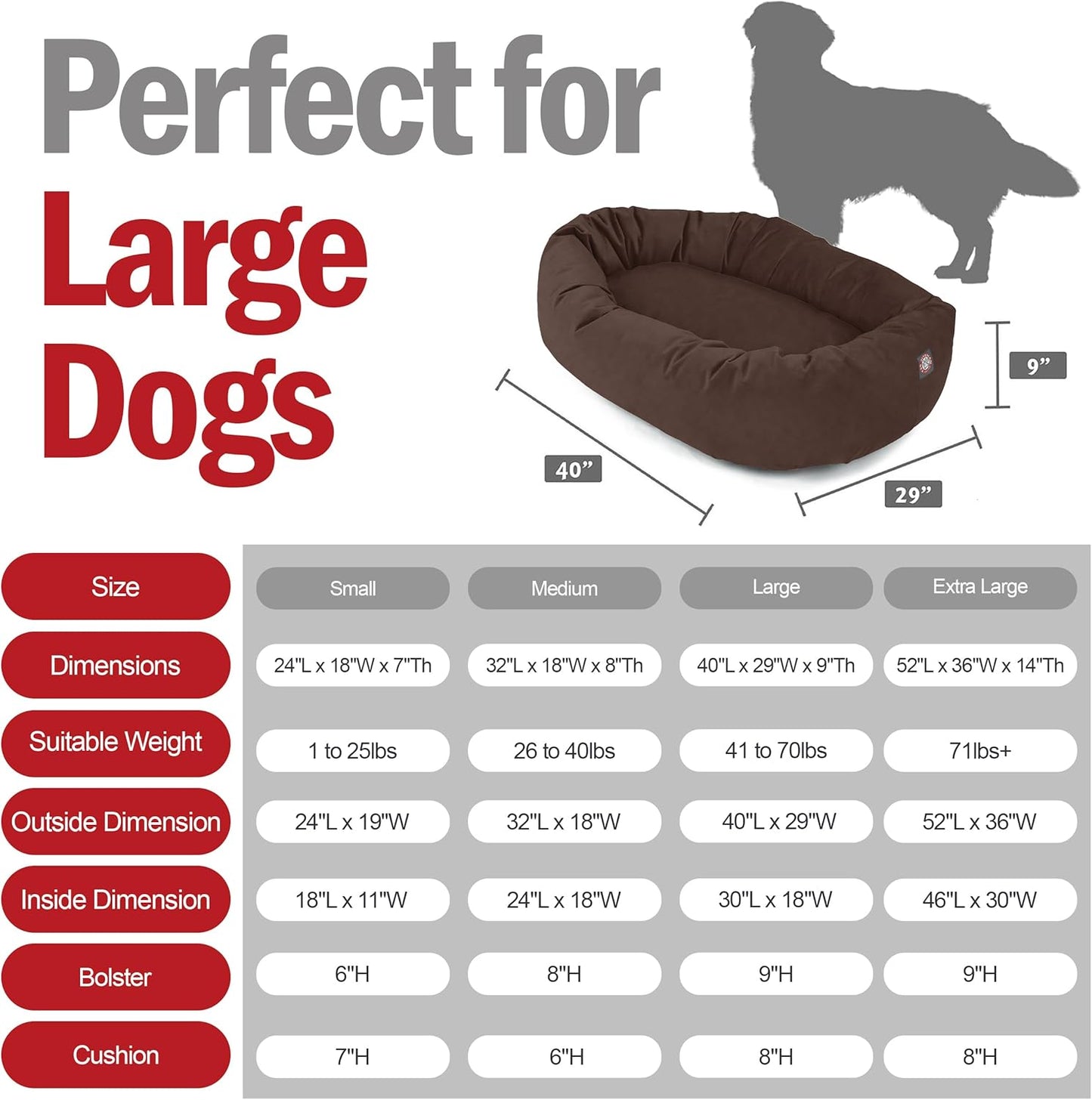 Majestic Pet 40 Inch Suede Calming Dog Bed Washable 40x29x9 (Inch) – Cozy Soft Round Donut Dog Bed w/Spine Support for Dogs to Rest Head - Pet Bed Large – Chocolate (2025)