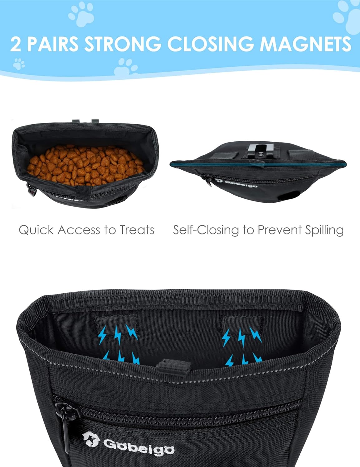 Gobeigo Dog Treat Pouch and Training Clicker, Upgrade Two Magnetic Closure to Prevent Spills, 2 Cup Treat Bag with Poop Bag Dispenser, Metal Clip Waist Belt Fanny Pack for Pet Walk (Black)