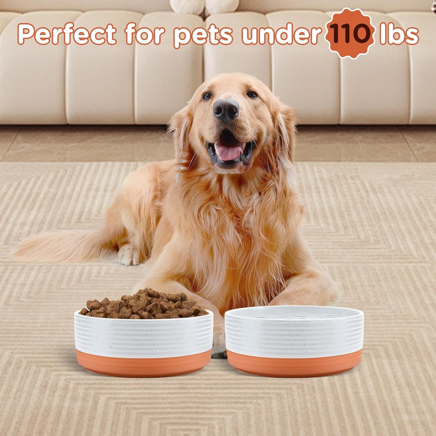 SPUNKYJUNKY Ceramic Dog Bowls 2 Pack, 8.3'' Dog Food Water Double Feeding Bowls Non-Slip for Large Sized Breed Microwave Dishwasher Safe - 60 OZ, 2pcs, Pattern White