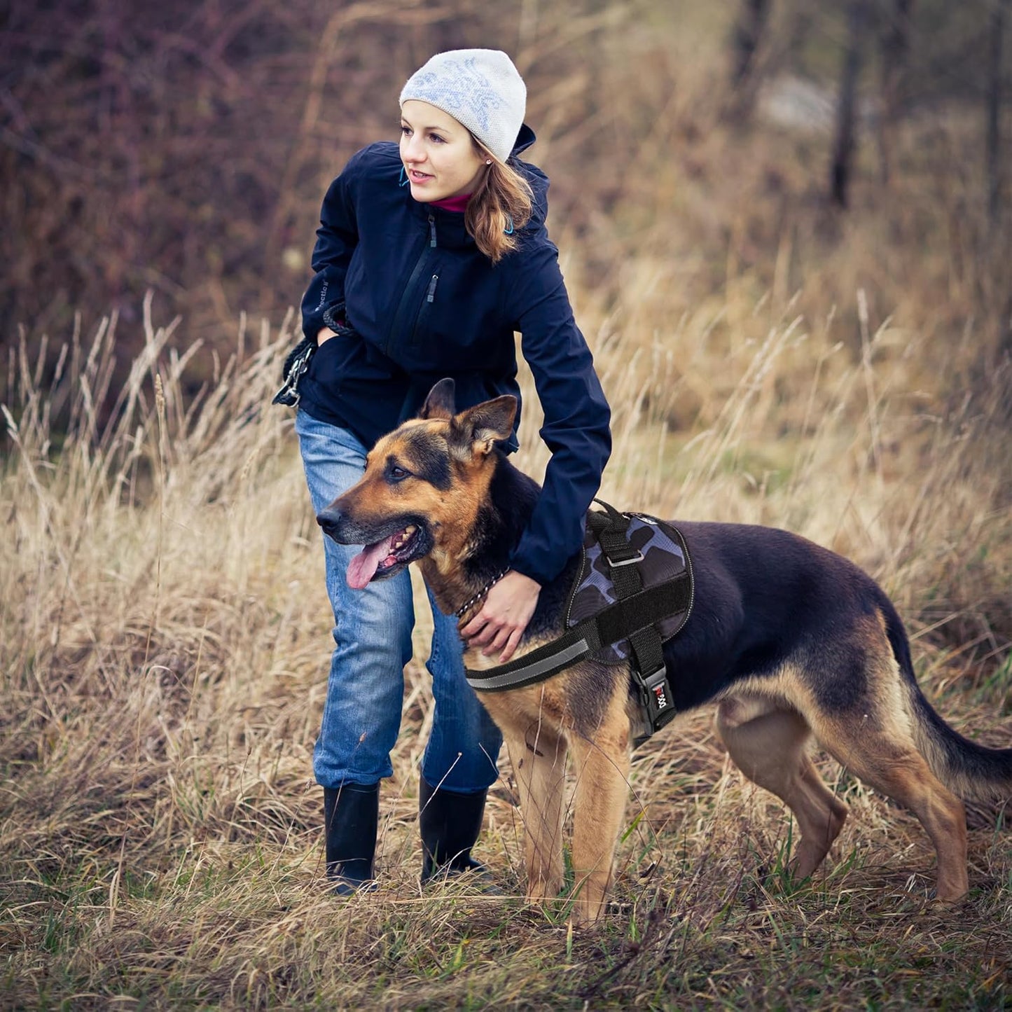 Dogline Dog Harness, Reflective No-Pull Adjustable Vest with Handle for Walking, Training, Breathable, No - Choke Harness for Small, Medium or Large Dogs Room for Patches Girraffe Grey M 22"-28"