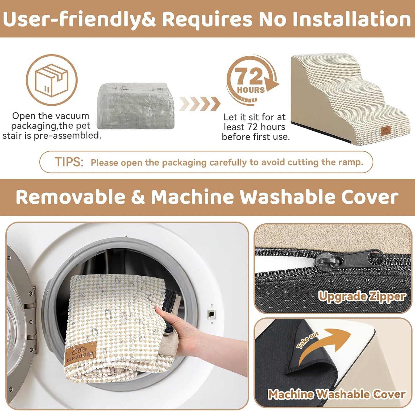 Dog Ramp and Stair for Bed 16" H-20 H,3-Step Cat Stair for Sofa and Chair,4-Step Dog Ramp for High Bed and Window,Durable Nonslip Fabric Cover for Indoor (Beige-16 H, Pet Friendly, 3)