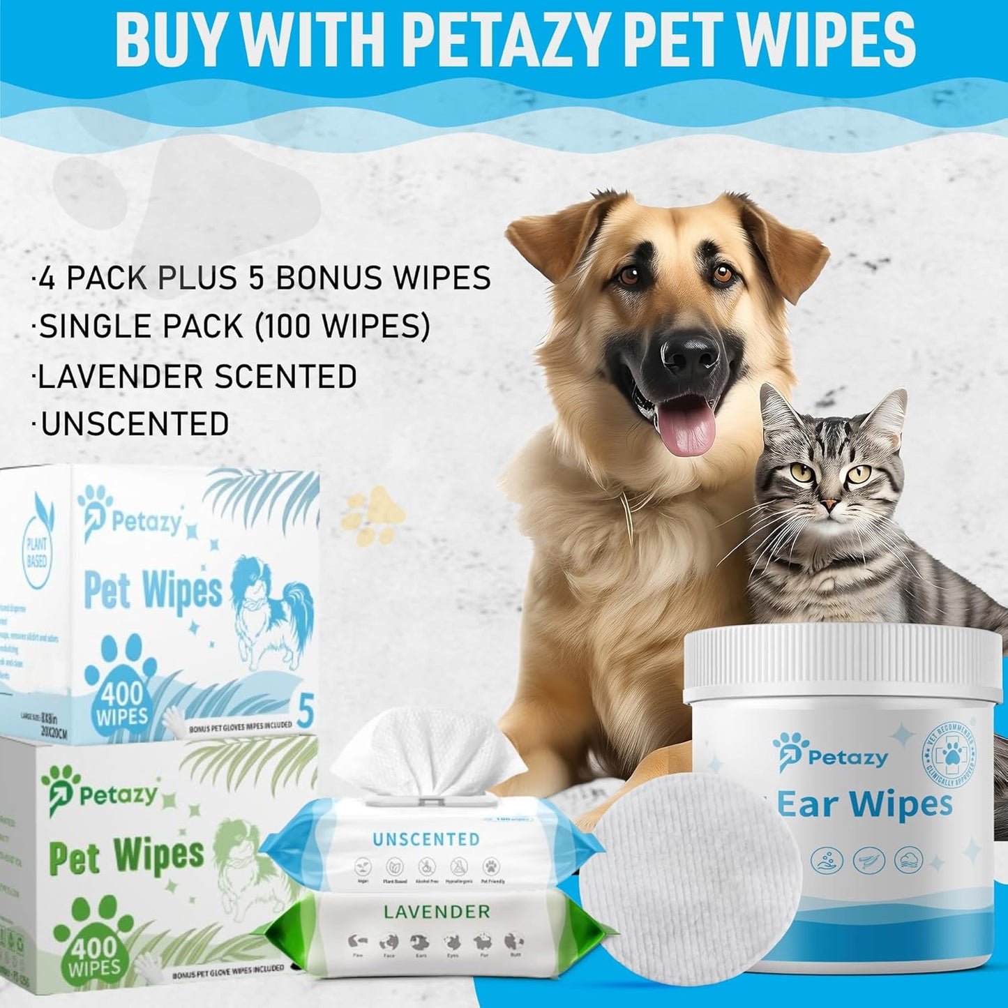 Dog Ear Wipes for Dog Yeast Wax Itch and Odor | Unscented Dog Ear Cleaner for Dogs | Natural Cleaning Puppy Ear Wipes | Soothing Ear Wipes for Pets Cat | Natural Ingredients | 125 XL Pcs