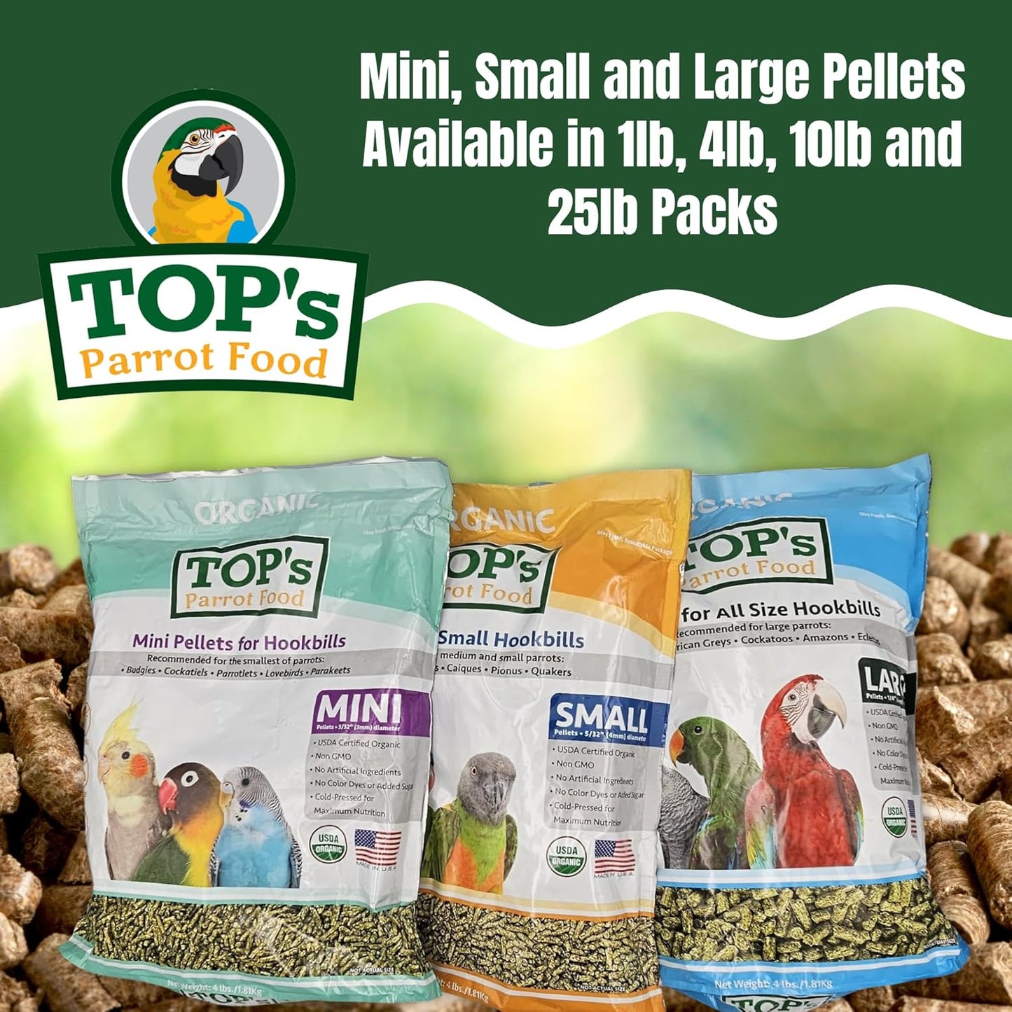 TOP's Parrot Food Mini Pellets Bird Food for Budgies, Cockatiels, Parrotlets, Lovebirds, Parakeets - Non-GMO, Peanut Soy & Corn Free, USDA Organic Certified - 1 lb
