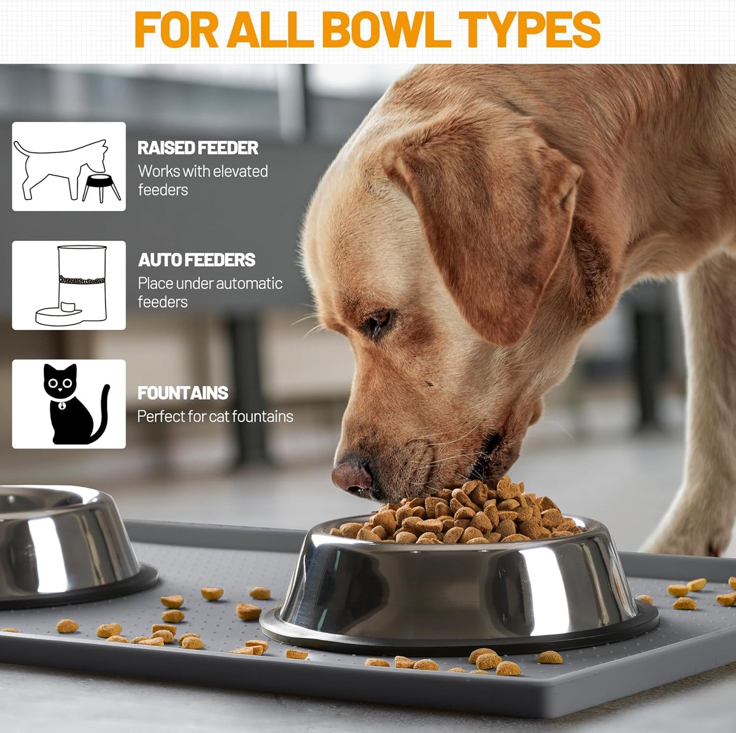 Hubulk Dog Feeding Mat,100% Waterproof Food Grade Silicone Pet Food and Water Bowl Placemat,Dishwasher, High Raised Edge to Prevent Spills,Nonslip Tray to Stop Messes on Floor (24"x16"x0.5", Grey)