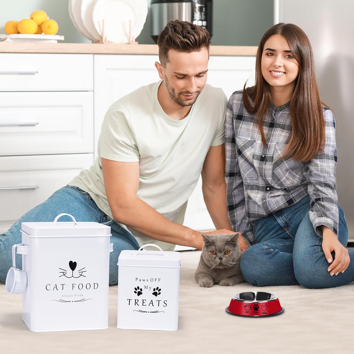 Meraki Home Farmhouse Cat Food and Treats Containers + Feed Scoop + Pet Food Bowl - Tight Lids - Large Metal Storage Bin - Great Gift for Cute Pets (Glossy White)