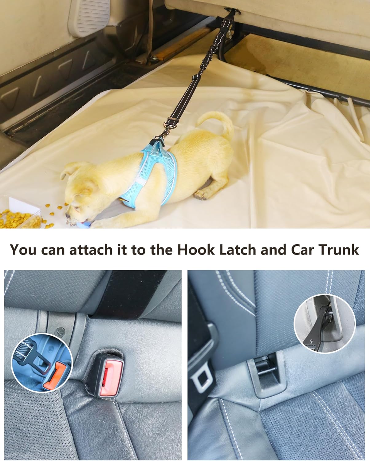 AUBELL Dog Seat Belt for Car,2 Pack Set 3-in-1 Adjustable Reflective Bungee Heavy Duty Dog Car Harness Tether with Clip Hook Latch & Buckle,Swivel Zinc Alloy Carabiner,Black+Black