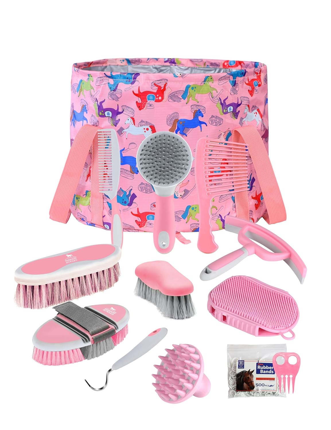 Harrison Howard Horse Grooming Kit 11-Piece Equine Care Series Horse Brush Sets with Organizer Tote Bag Tack Room Supplies Shedding Grooming Massaging Tools Pink Brushstroke Ponies
