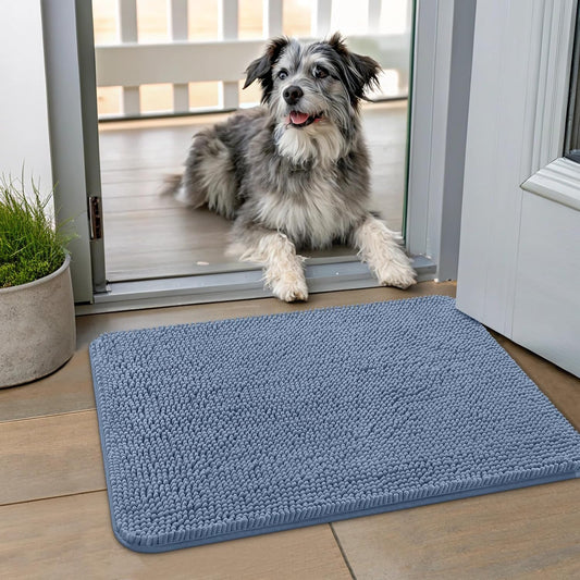 Smiry Dog Door Mat for Muddy Paws 24x16, Absorbs Moisture and Dirt Doormat, Non-Slip Washable Quick Dry Chenille Front Door Mat Indoor Entrance, Entryway Carpet for Inside Floor, Airy Blue