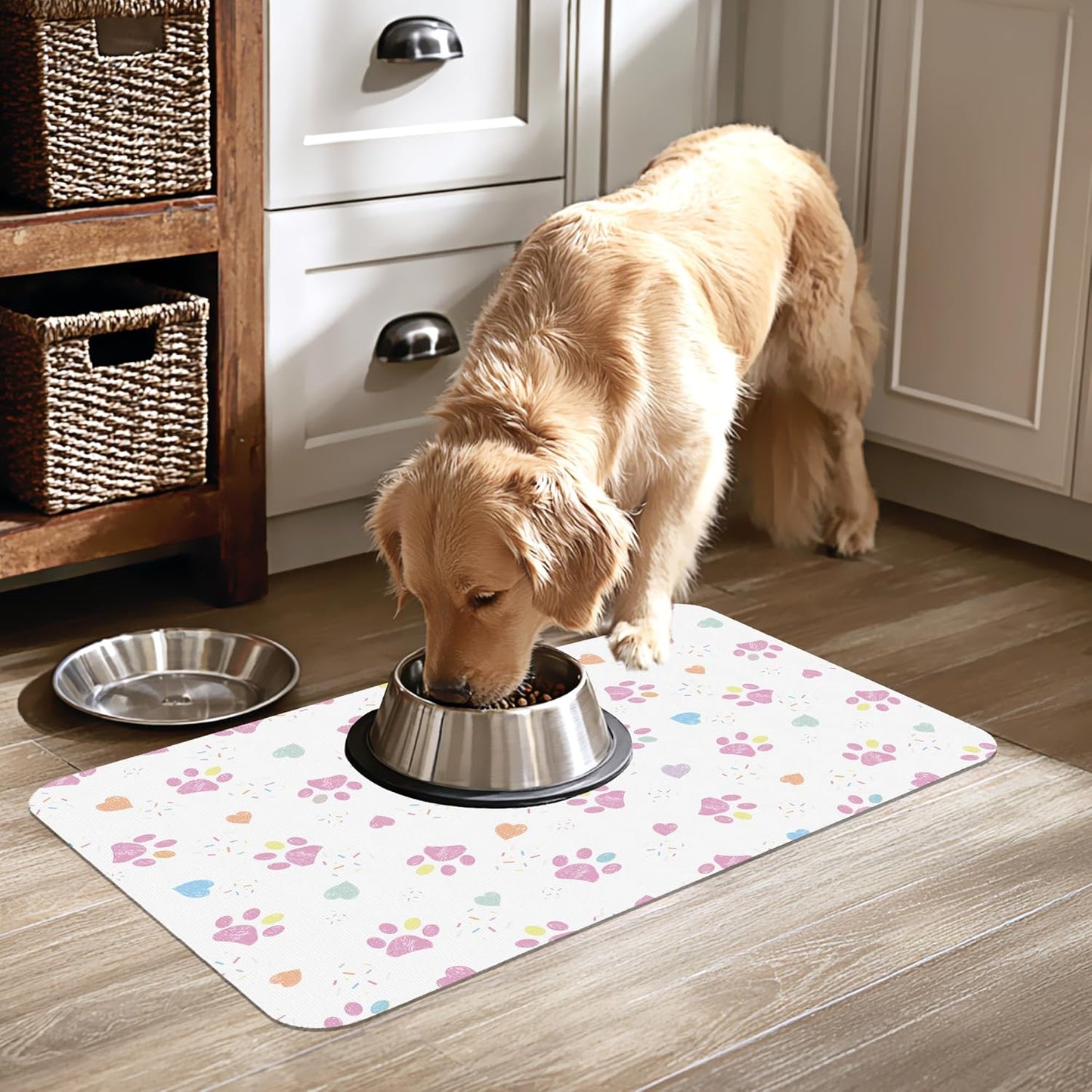 Pink Dog Paw Pet Feeding Mat for Floors-Absorbent Dog Bowl Mat for Food and Water, Quick Dry Pet Cat Feeding Mats with Non Slip Bottom, Mess-Free Dog Accessories 16"x24"
