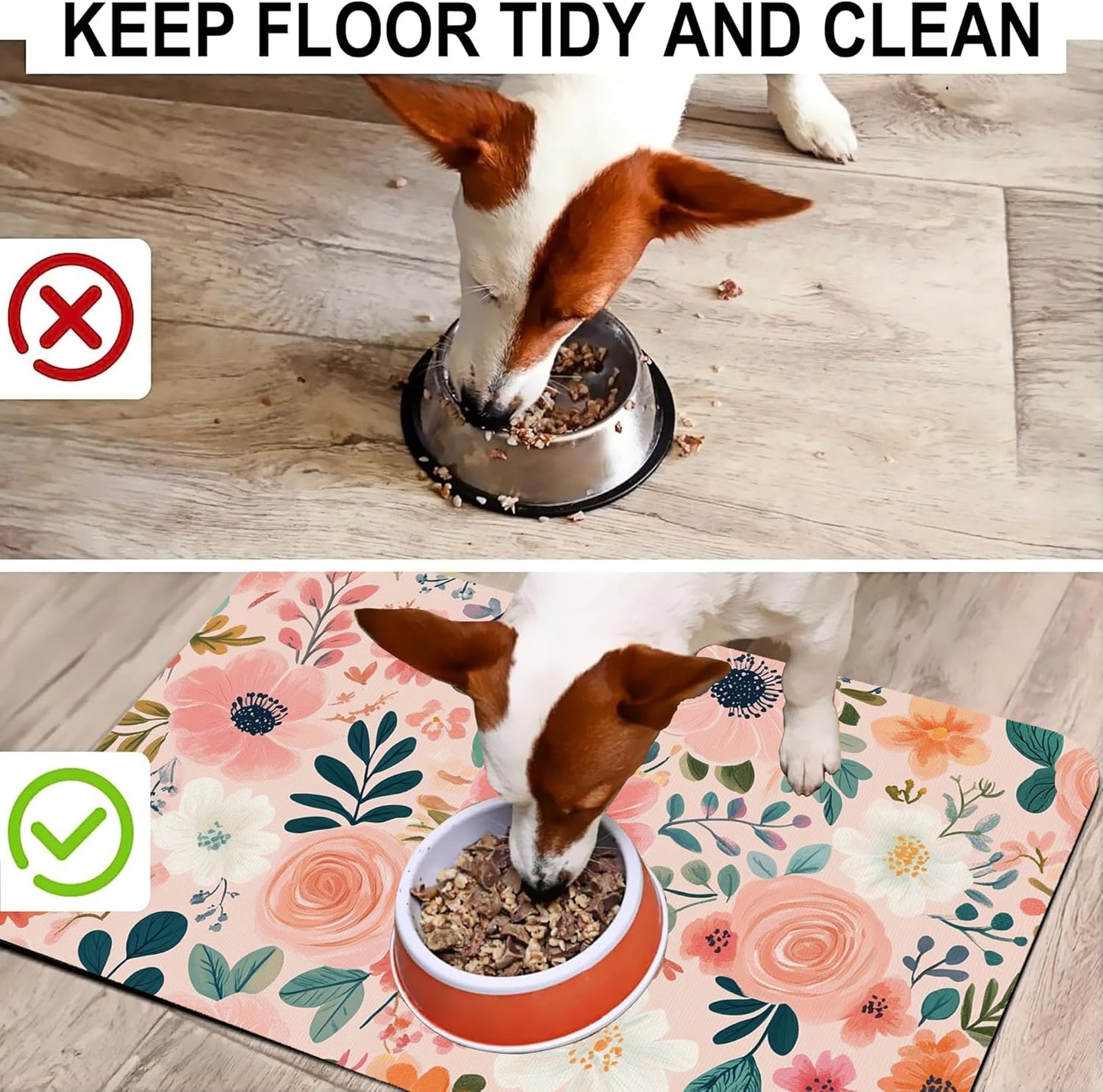 Boho Floral Pet Feeding Mat for Floors-Absorbent Dog Bowl Mat for Food and Water, Quick Dry Pet Cat Feeding Mats with Non Slip Bottom, Mess-Free Dog Accessories 12"x20"