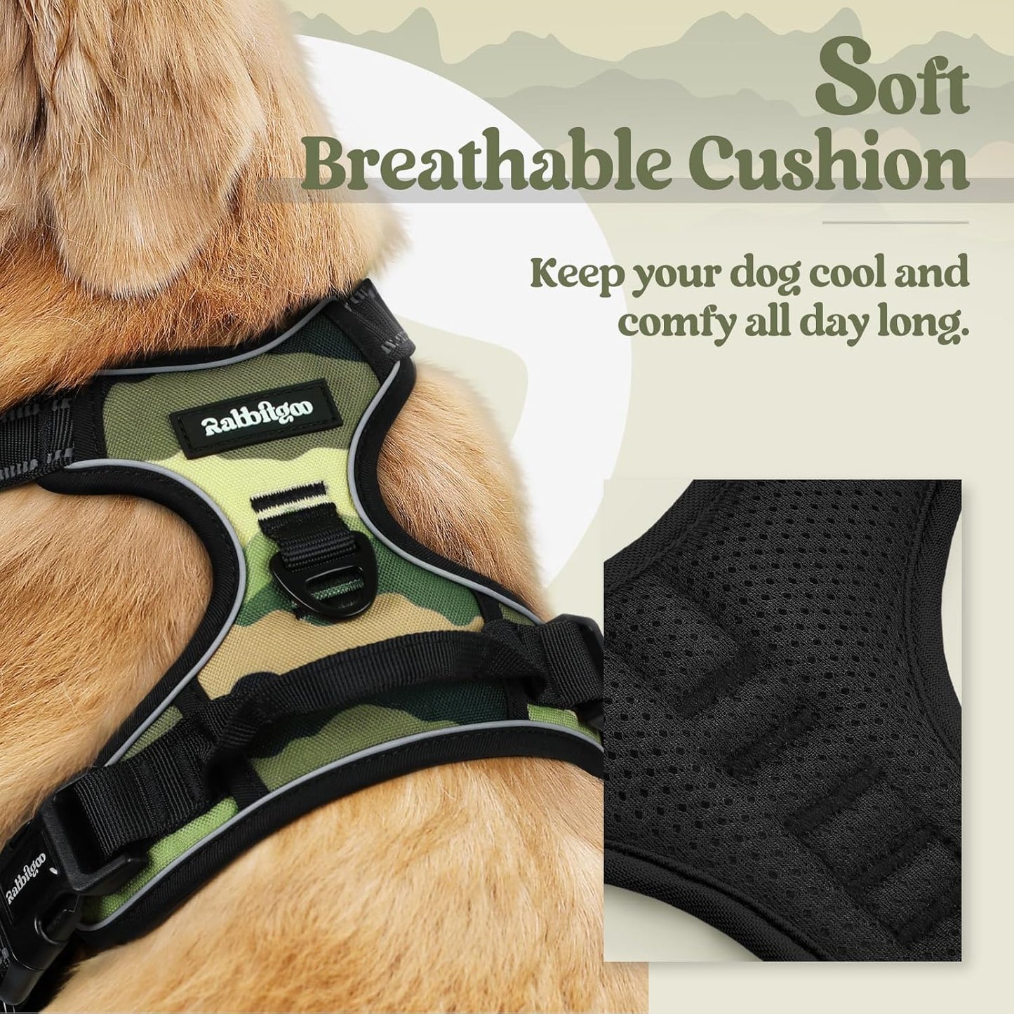 rabbitgoo Dog Harness No Pull with 2 Leash Clips, Adjustable Soft Padded, Reflective Oxford No Choke Pet Vest with Easy Control Handle for Large Dogs, Green Mountain, XL