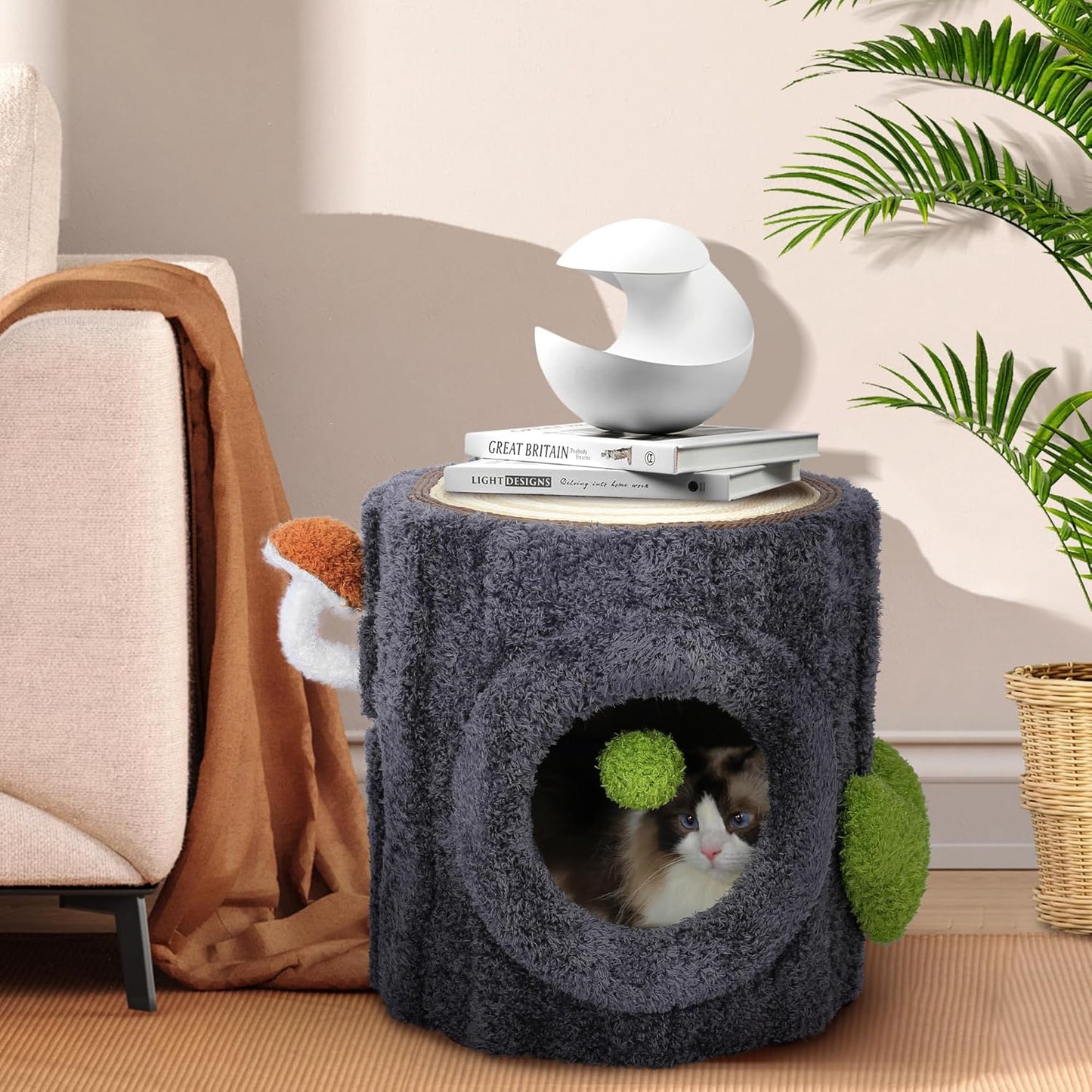 NUNU Cat Tree Tower with Scratch Table ＆ Soft Cushion, Cat Condo Tree Cave for Small Kittens, Cat House with Hanging Ball Toy for Indoor (Grey)