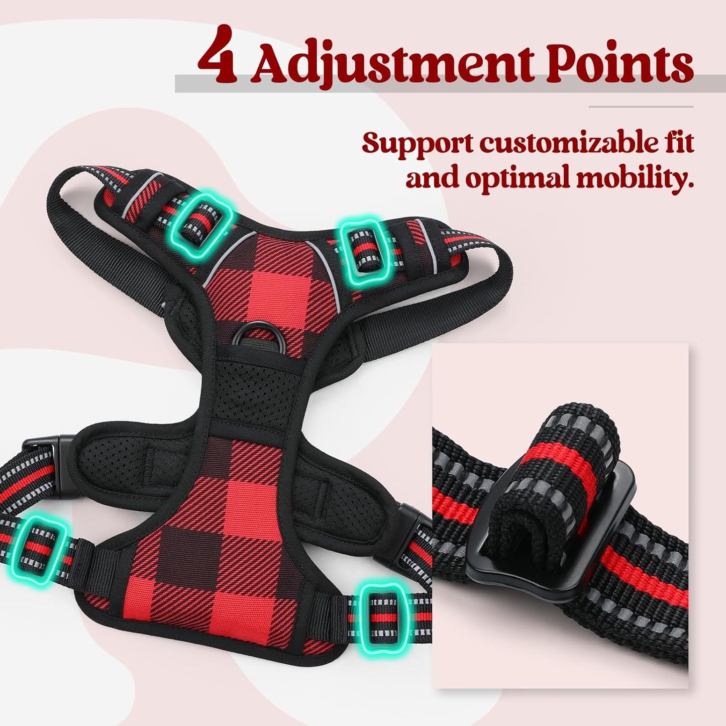 rabbitgoo Dog Harness No Pull with 2 Leash Clips, Adjustable Soft Padded, Reflective Oxford No Choke Pet Vest with Easy Control Handle for Large Dogs, Red Plaid, L