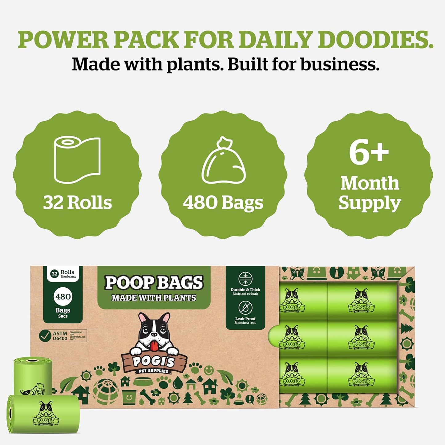 Pogi's Compostable Poop Bags – Leak-Proof, Extra-Large, Made with Plants – 32 Rolls (480 Bags)