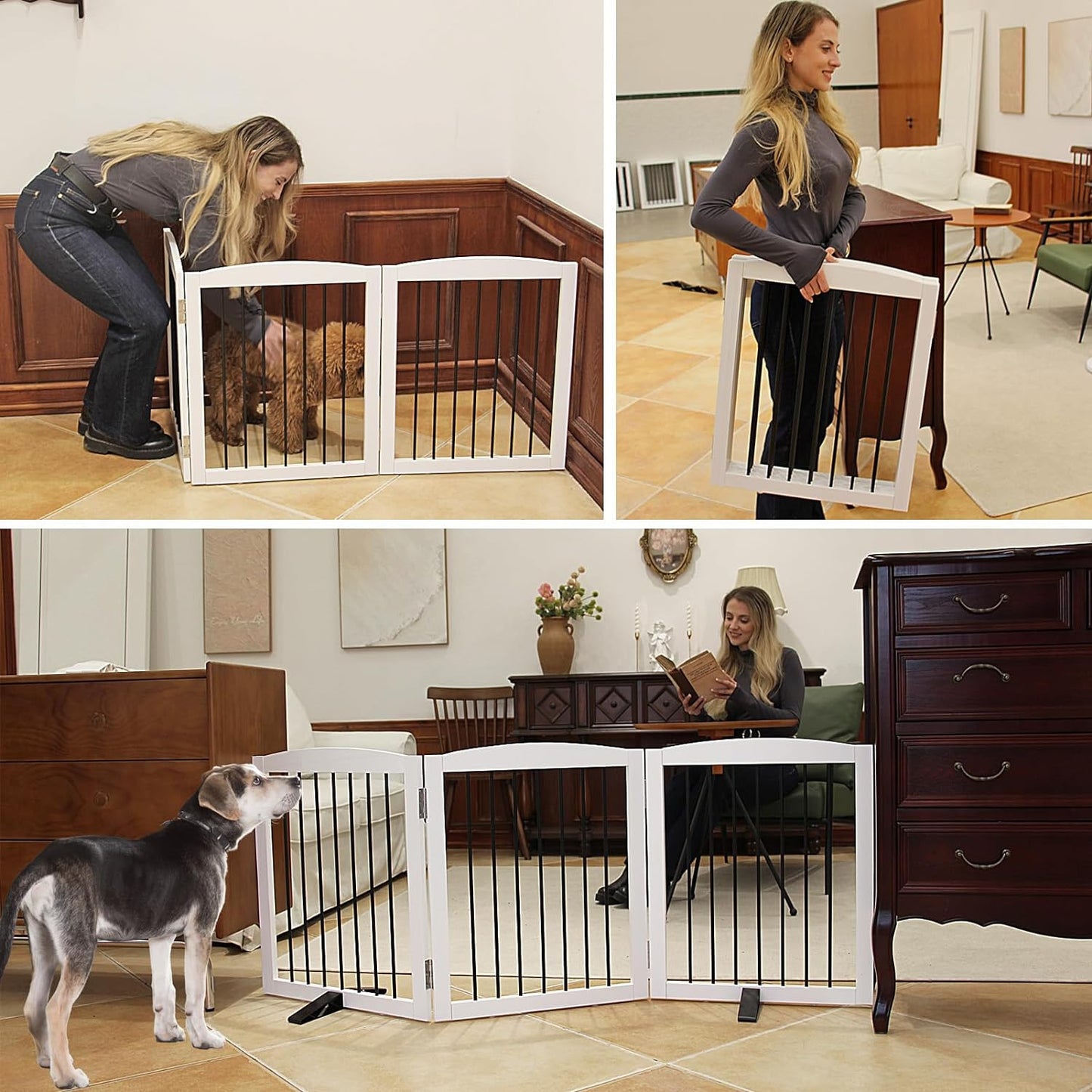 Freestanding Panel Dog Gate for Indoor Doorways, Stairs, or Hallways - Foldable Wooden Pet Gate, 24" Height - 3 Panels, White