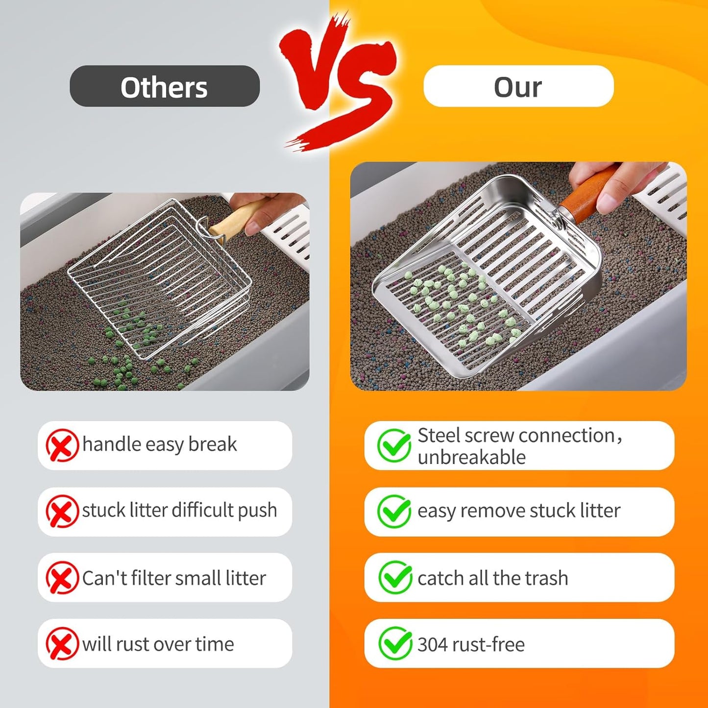 304 Stainless Steel Cat Litter Scoop, One-Piece Pressed Design with No Weld Spots, Durable Anti-Break Handle, Dual Slot Sizes, Easy to Clean, Filters Small Litter Clumps Litter Scoop