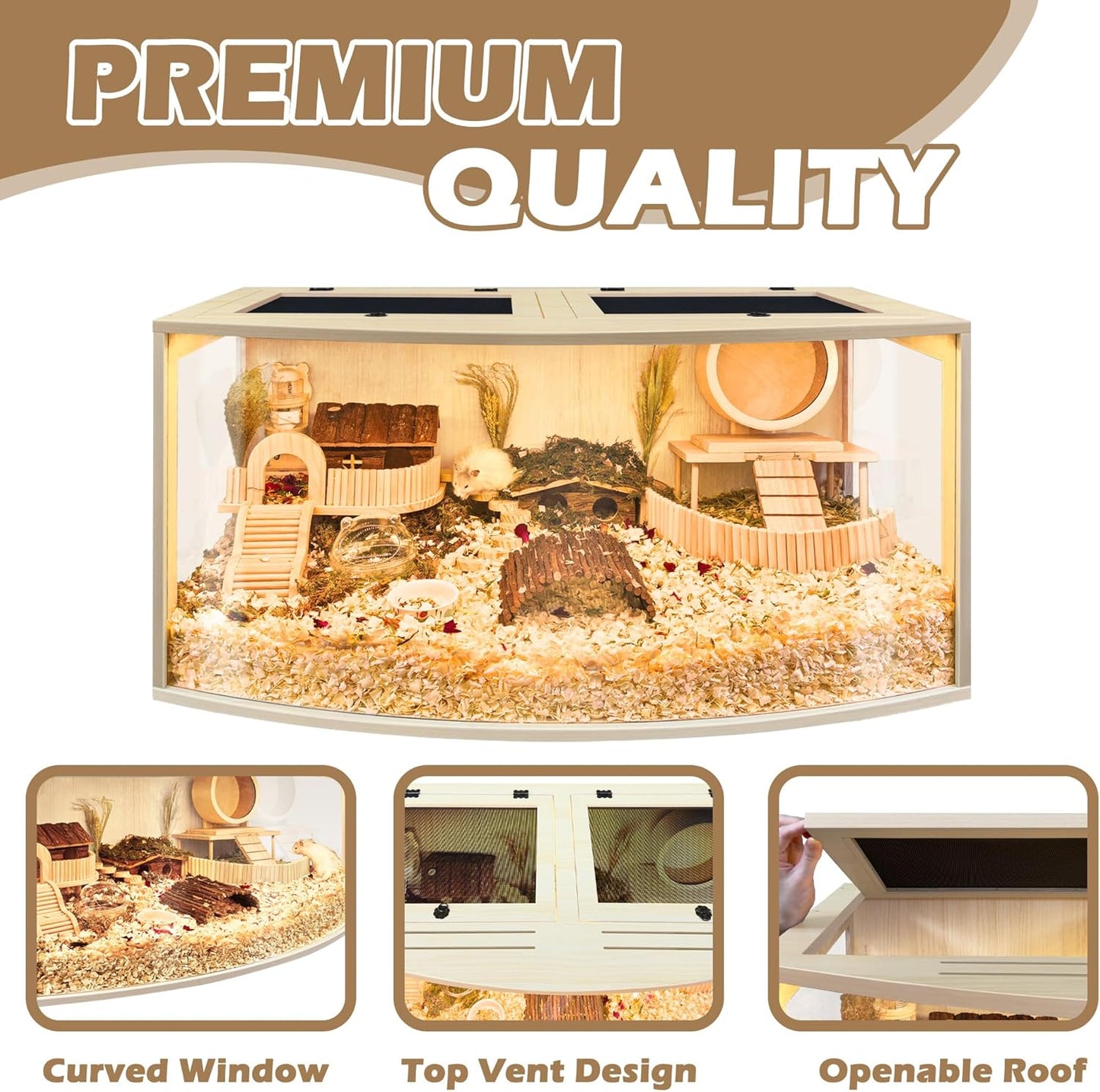 Prolee Hamster Cage Chew Proof Wood, Hamsters Enclosure Openable Top with Curved Design,Waterproof Small Animals Cage with Acrylic Sheets for Gerbils,Hamster Habitat(32 Inches)