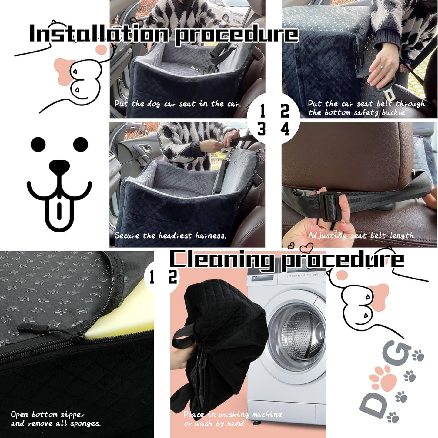 Dog Car Seat for Small Medium Dogs-Safety and Comfy Pet Booster Carseats with 2 Clip-On Satebelt & Storage Pockets,Washable and Detachable Puppy Car Seat for Dogs up to 30 lbs.(H-Black/Grey)