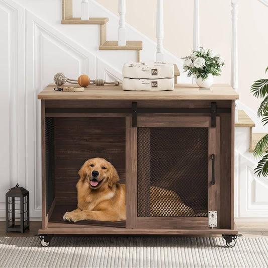 Dog Crate Furniture,37 Inch Indoor Dog Cage with Sliding Barn Door, Flip Top Dog Kennel End Table with Removable Divider, Farmhouse Wooden Pet House for Small to Middle Size Dogs