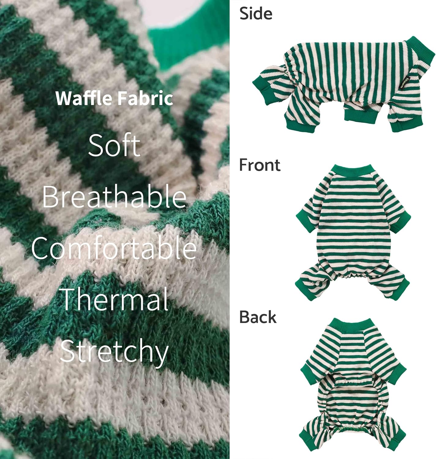 Fitwarm Green and White Striped Dog Pajamas, Waffle Dog Clothes for Small Dogs Girl Boy, Puppy Onesie with Feet, Pet Cat Outfit, Small
