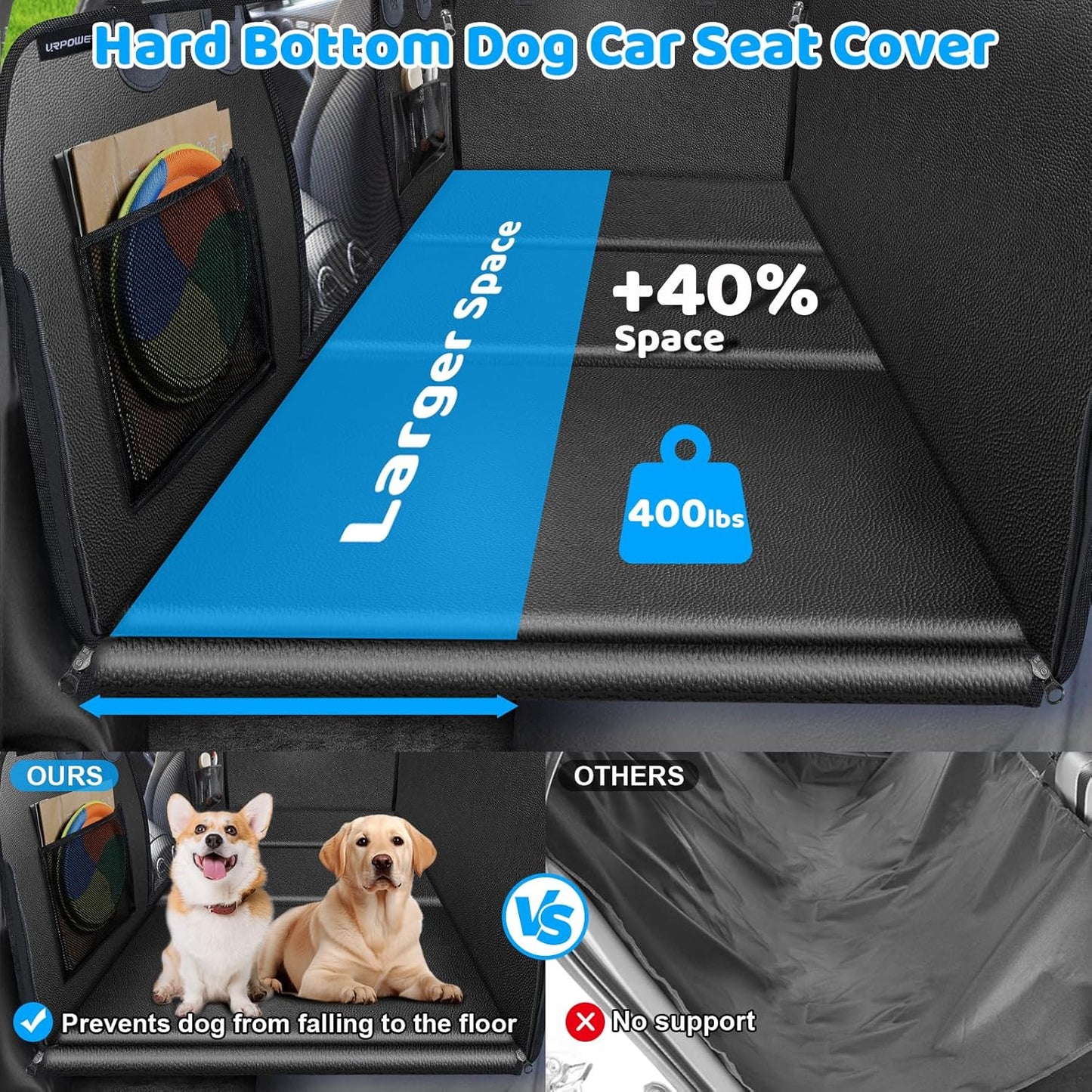 URPOWER PU Leather Back Seat Extender for Dogs – Hard Bottom Dog Car Seat Cover Holds 400 lbs, Anti-Scratch & Waterproof Dog Hammock for Full Size SUVs & Trucks, Dogs Car Bed Pet Backseat Protector
