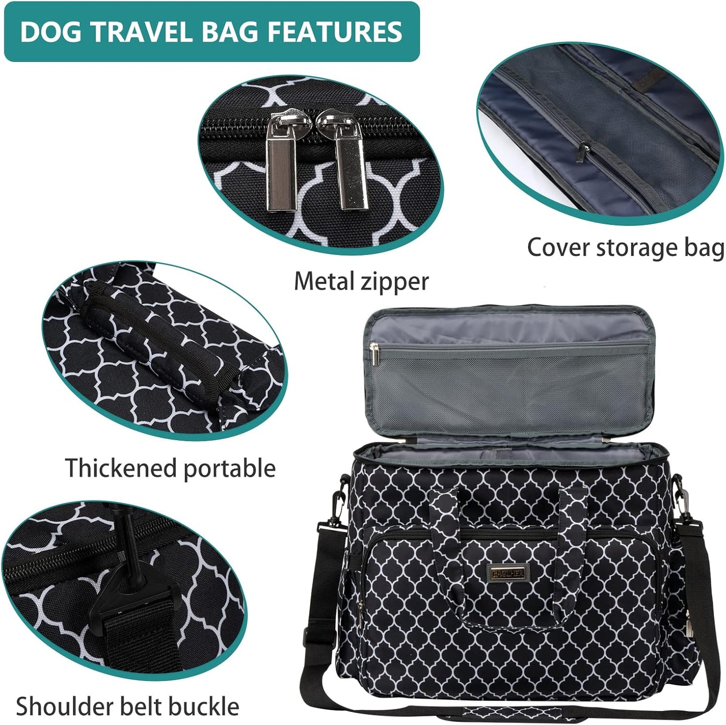 BAGLHER Dog Travel Bag, Pet Travel Bag (ALL Pet Travel Supplies), With 2 Pet Food Containers and 2 Collapsible Silicone Bowls; Essential Kits for Pet Travel DLblack