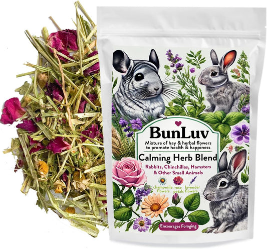 Herbal Calming Forage: Premium Rabbit Food, Hay for Guinea Pigs Food, Chinchilla Food, Hamster Treat Made with Timothy Hay & Organic Herbs (10 Ounces)
