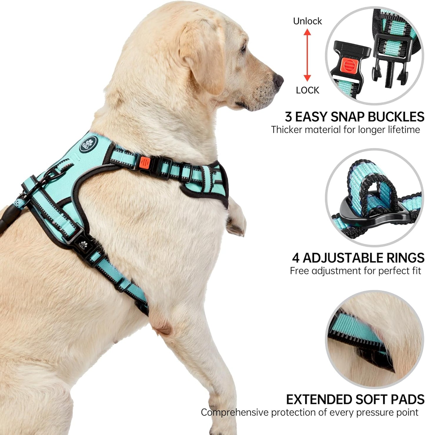 NESTROAD No Pull Dog Harness,Adjustable Oxford Dog Vest Harness with Leash,Reflective No-Choke Pet Harness with Easy Control Soft Handle for Large Dogs(Large,Turquoise)