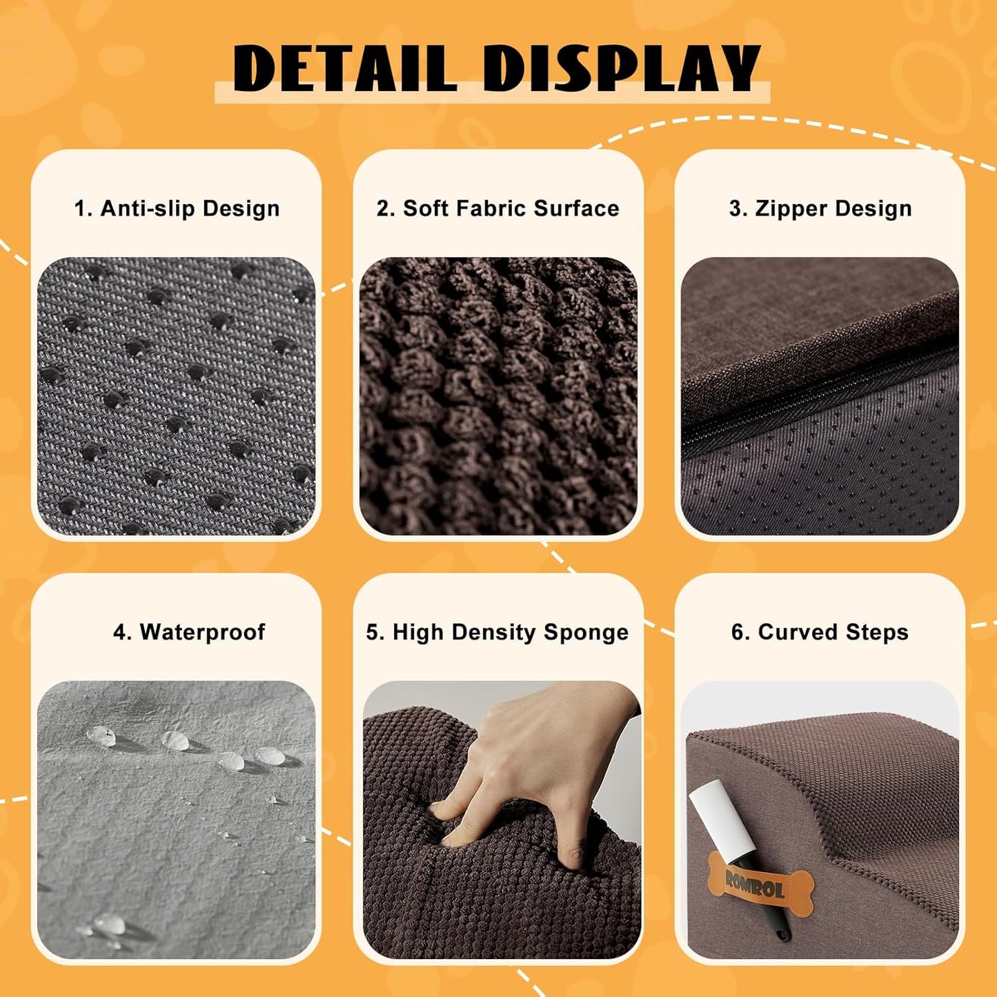 High Density Foam Dog Stairs Ramp for Beds Couches, Romrol Pet Steps with Durable Non-Slip Waterproof Fabric Cover, Dog Slope Stairs Friendly to Small Dogs and Cats or Pets Joints, 2-Tiers