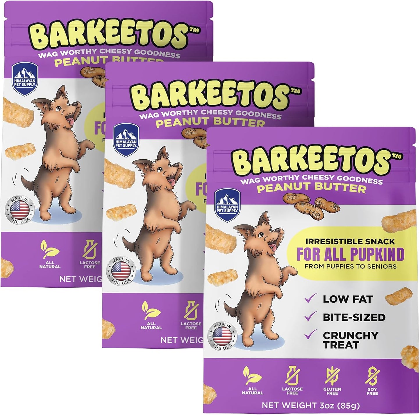 Barkeetos Dog Treats – Crunchy and Cheesy Pet Snacks Made with Real Himalayan Cheese & Peanut Butter, Gluten-Free, Grain-Free, Lactose-Free, Natural Dog Food for All Breeds and Sizes – 3-Pack